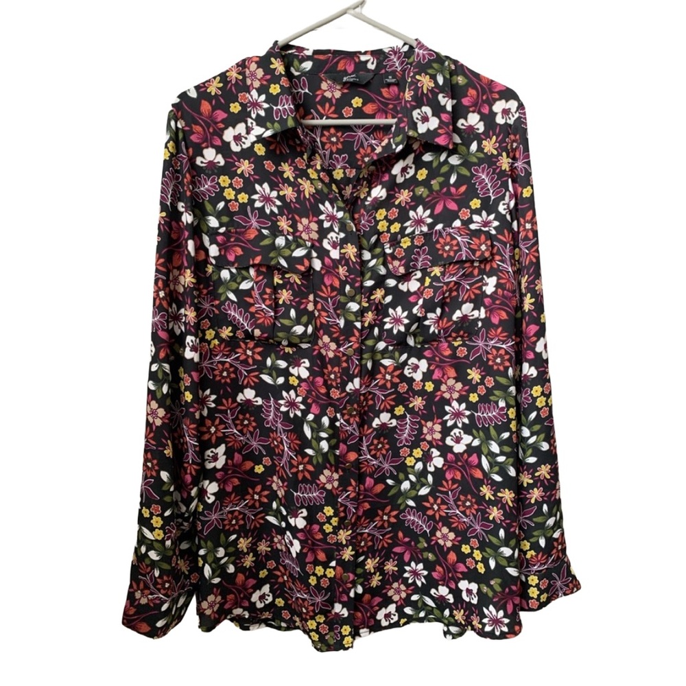 GNW Women’s Black Floral Print Button-down Long Sleeve Tunic Shirt Blouse